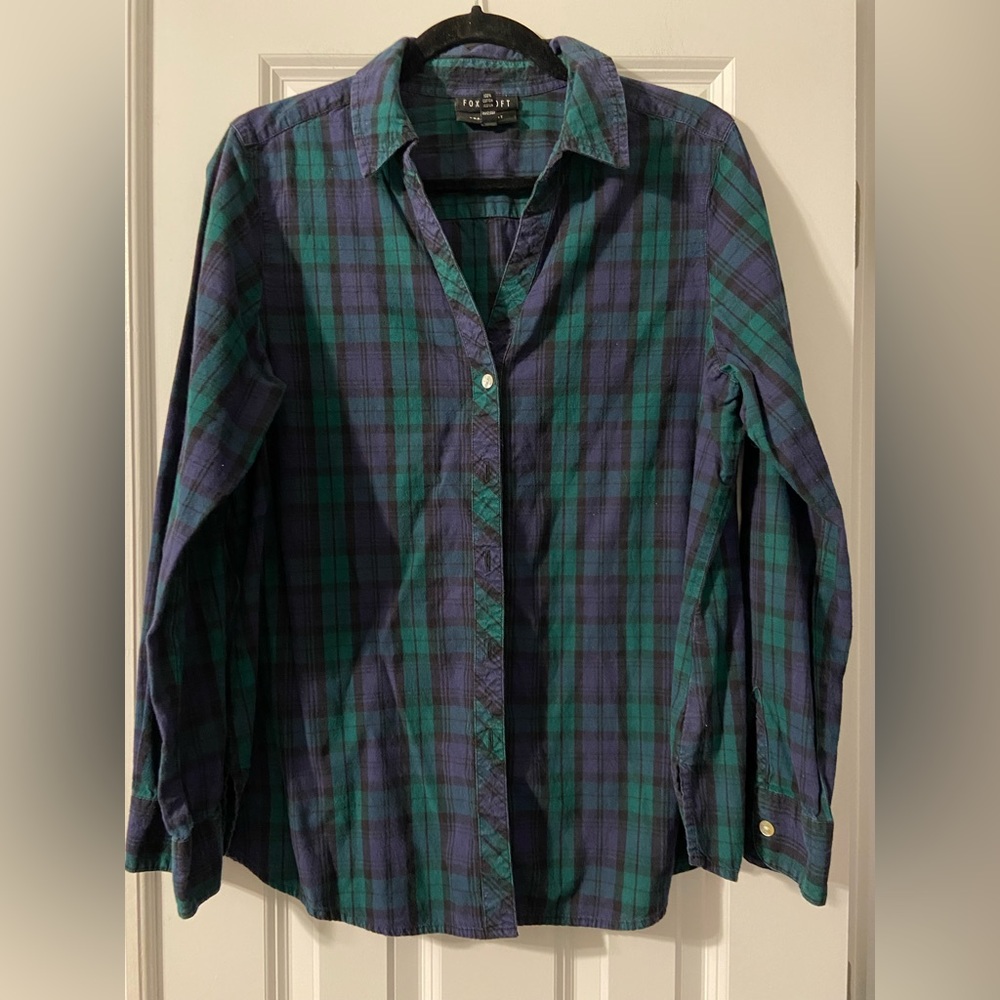 Foxcroft Green & Blue Plaid Shaped Fit Button Down Flannel - Size 14